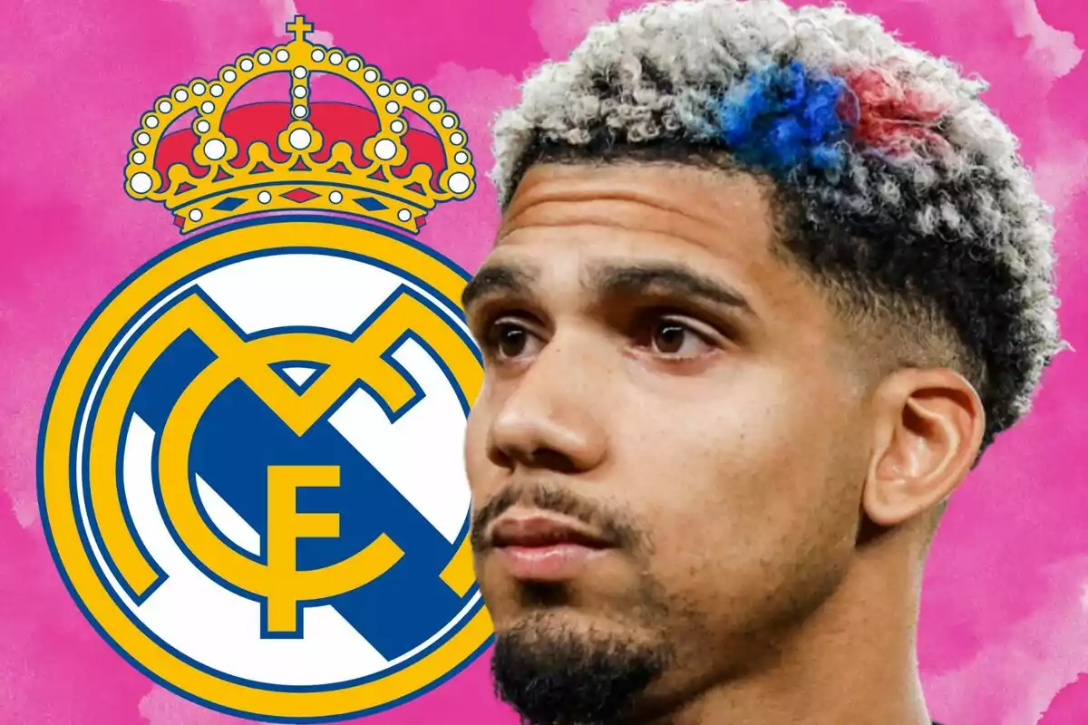 A man with curly, dyed hair in front of the Real Madrid crest against a pink background.