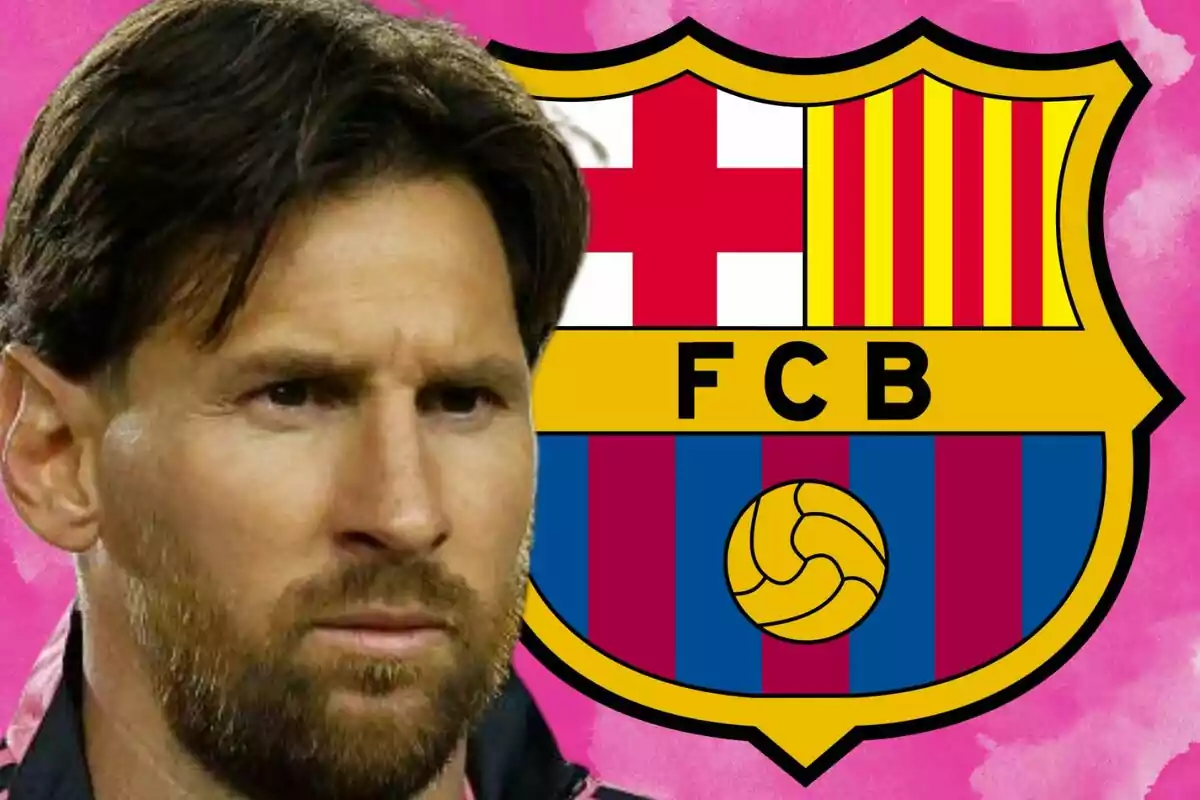 A man with a beard and dark hair appears in front of the FC Barcelona crest against a pink background.