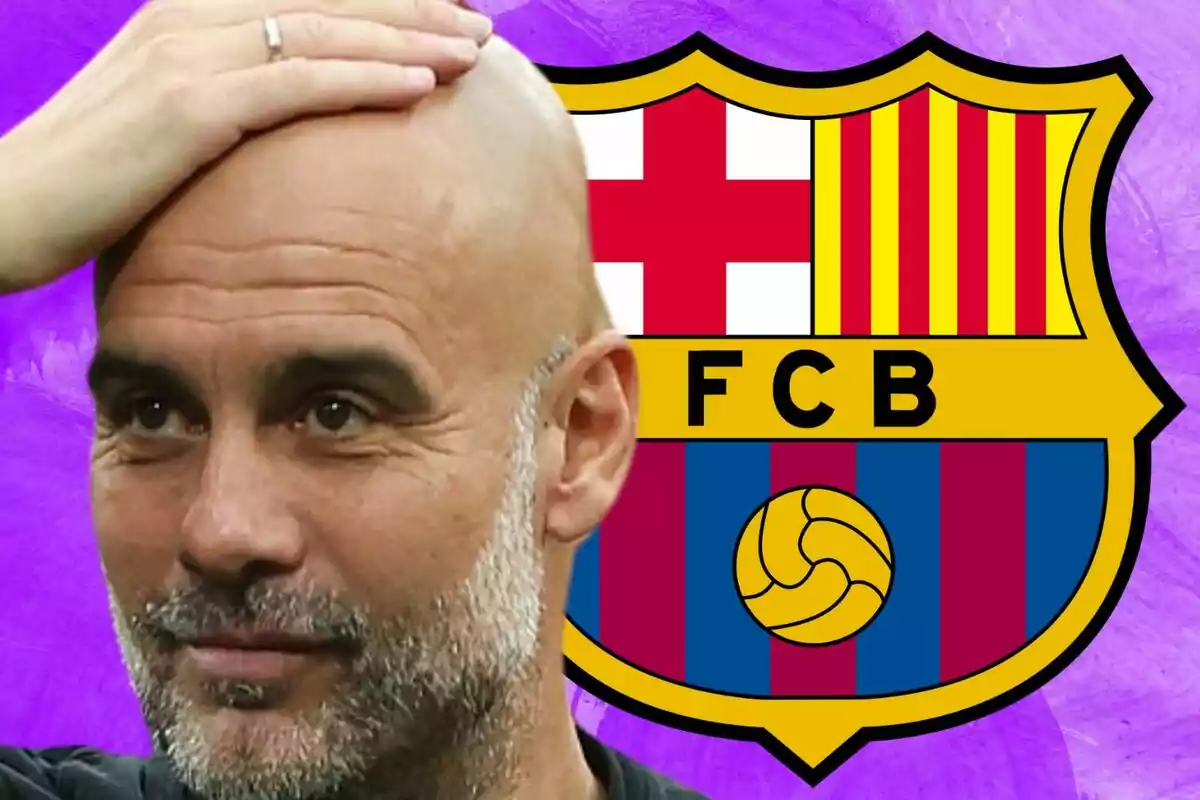 A man with a beard and a shaved head touches his head in front of the FC Barcelona crest against a purple background.