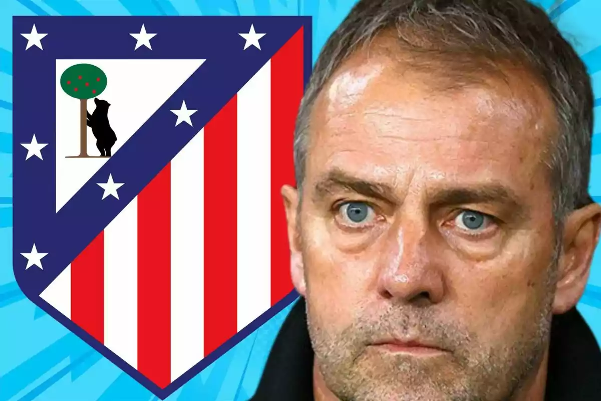 An Atlético de Madrid crest next to the image of a man with short hair and blue eyes on a light blue background.
