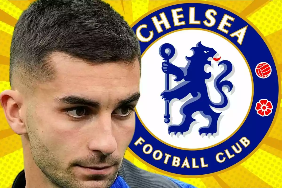 A man with short hair and stubble appears in the foreground with the Chelsea Football Club logo in the background on a yellow design.