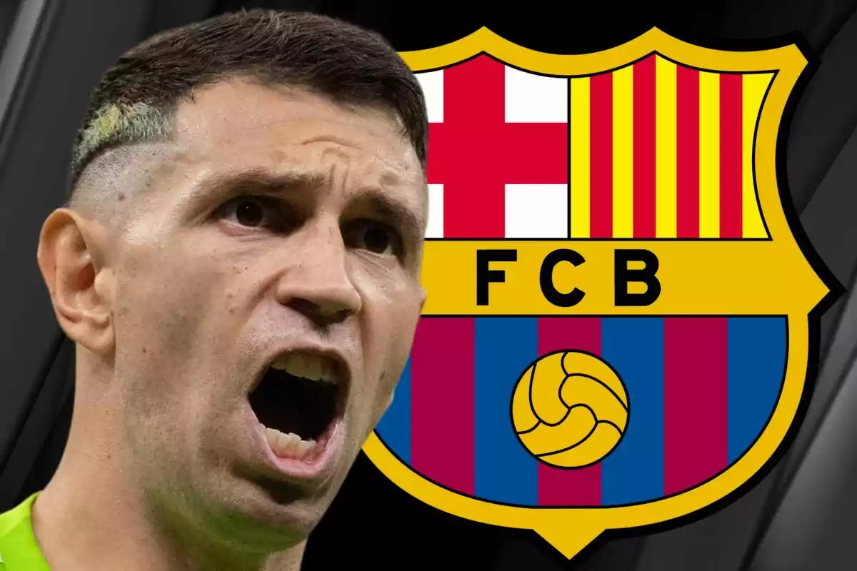A player shouting with the FC Barcelona crest in the background.