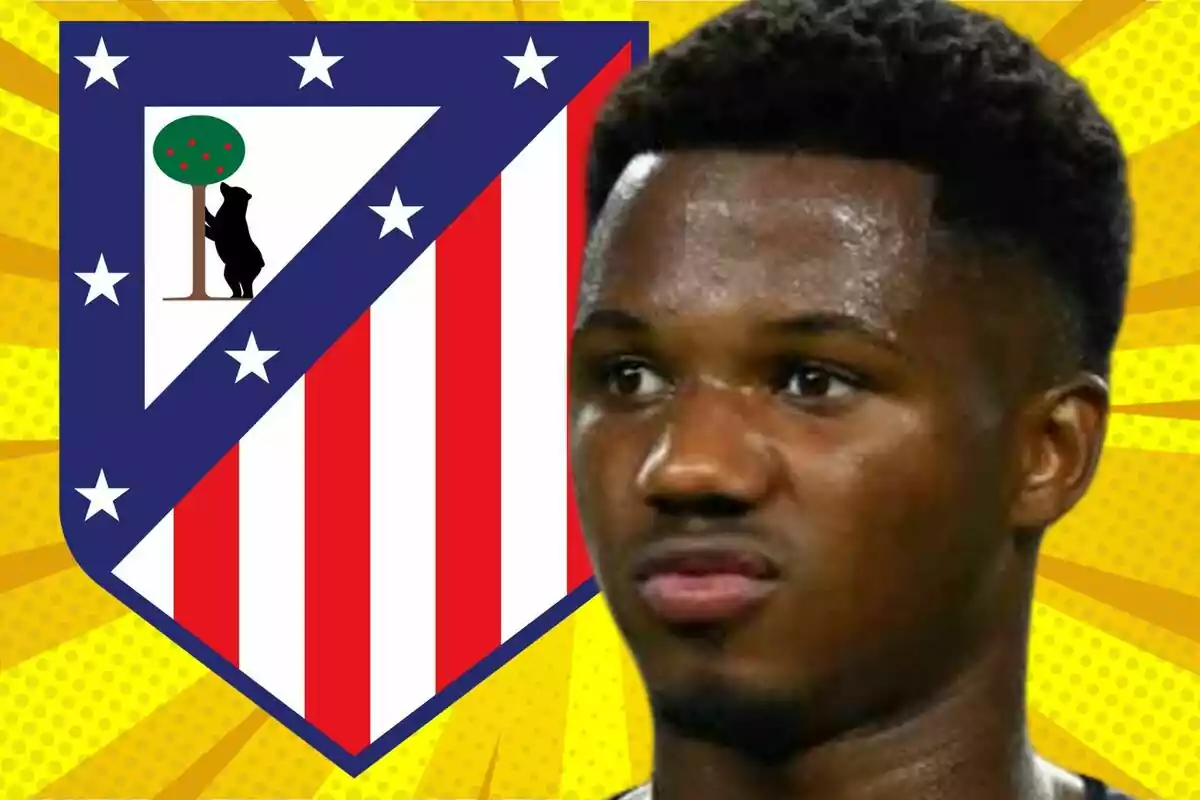 A player in front of the Atlético de Madrid crest with a yellow background.