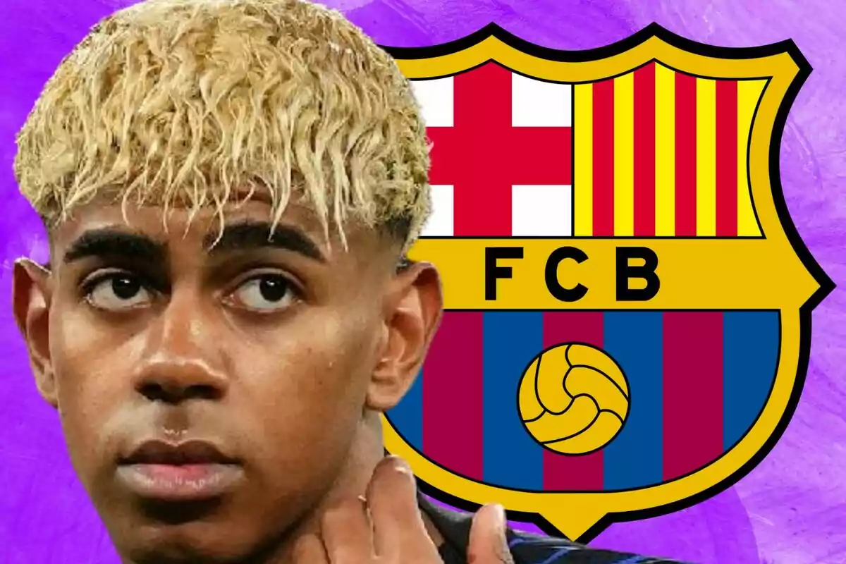 A player with curly blonde hair appears in front of the FC Barcelona crest against a purple background.