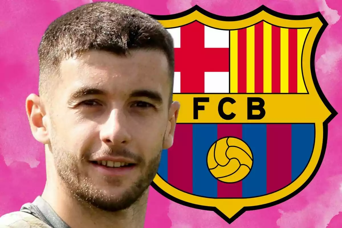 A man in front of the FC Barcelona crest with a pink background.