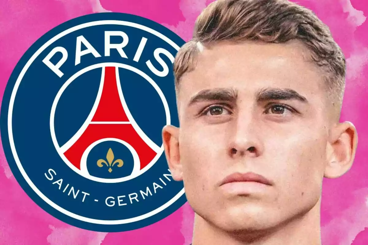 Young player with a serious expression in front of the Paris Saint-Germain crest against a pink background