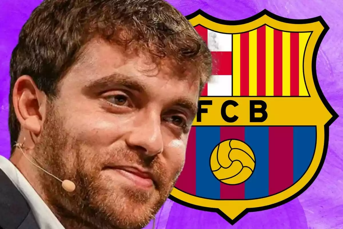 Man with a headset microphone in front of the FC Barcelona crest against a purple background