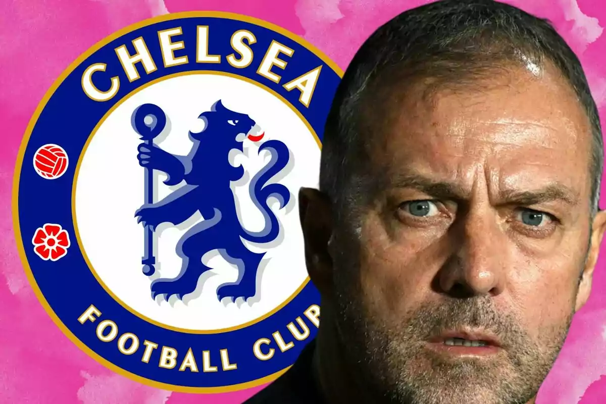 Serious-looking man in front of the Chelsea crest against a pink background