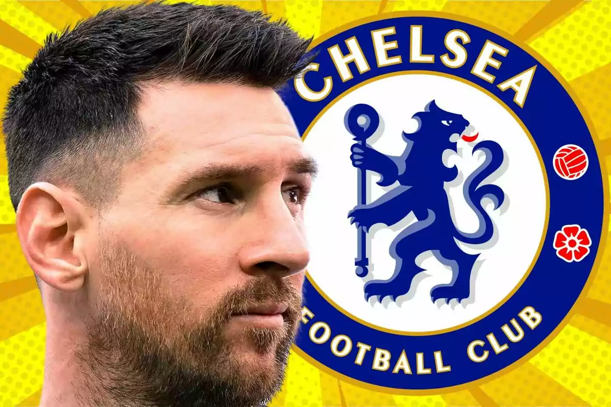 Un hombre de barba mira hacia la derecha con el escudo del Chelsea de fondo sobre un diseño amarillo llamativo