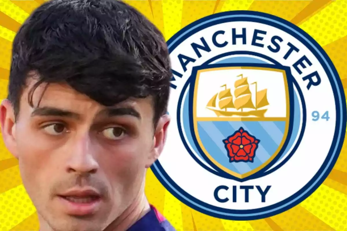 Un futbolista con expresión seria aparece en primer plano junto al escudo del Manchester City sobre un fondo amarillo llamativo