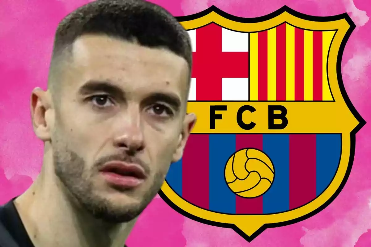 Un hombre con barba y cabello corto aparece en primer plano junto al escudo del FC Barcelona sobre un fondo rosa.