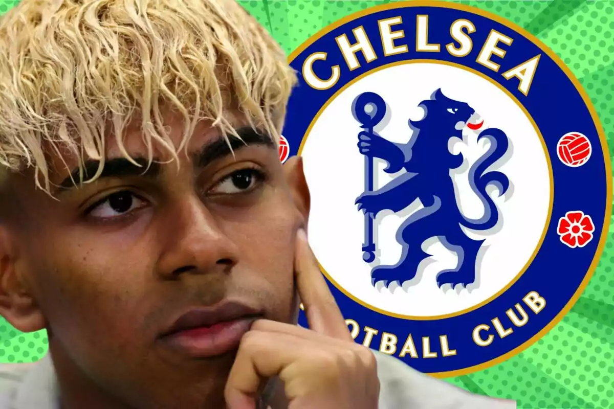 A young man with platinum blonde hair looks thoughtful with the Chelsea crest in the background over a green design.