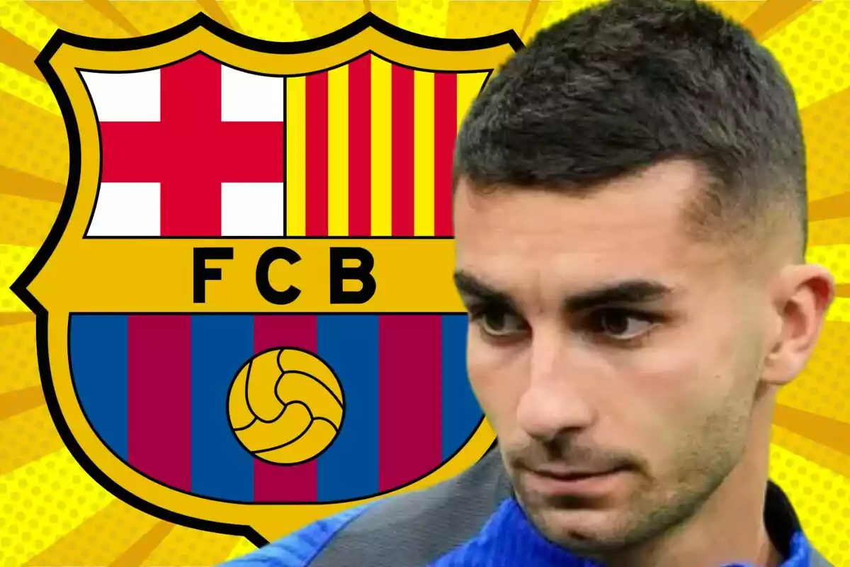 A player with the FC Barcelona crest in the background on a striking yellow design.