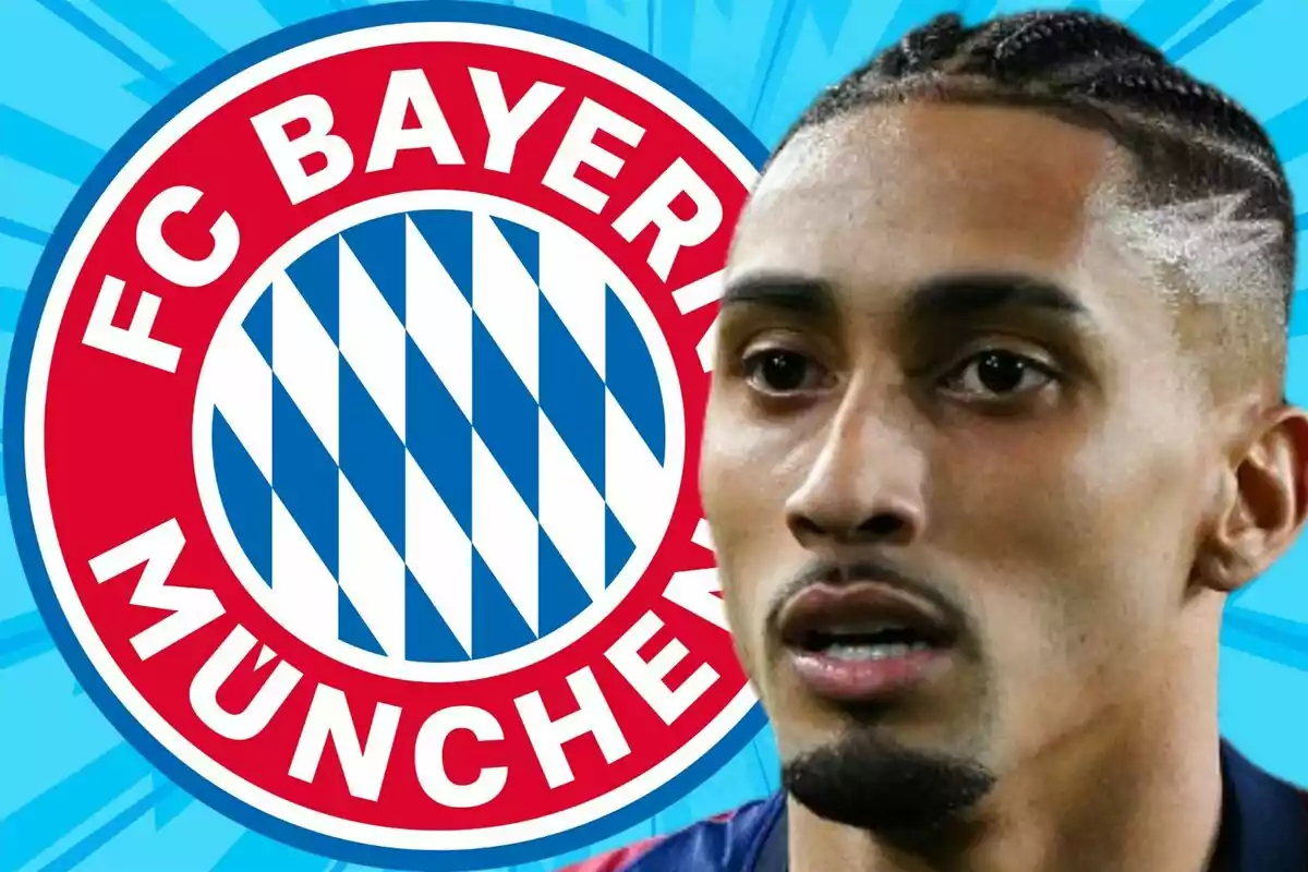Soccer player with braids in the foreground in front of the Bayern Munich crest against a blue background