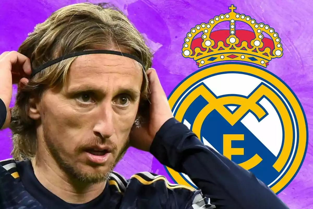 Futbolista con cinta en la cabeza frente al escudo del Real Madrid sobre fondo morado