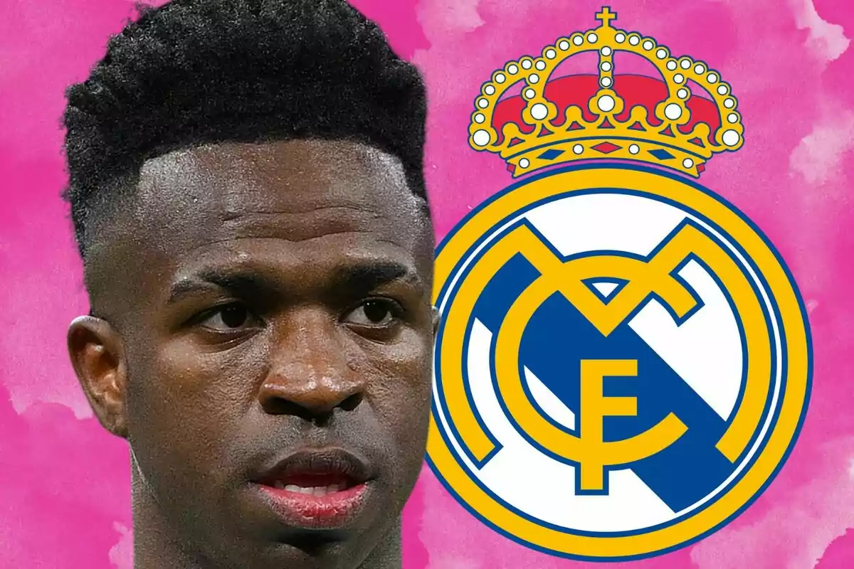 Jugador de fútbol con el escudo del Real Madrid sobre un fondo rosa