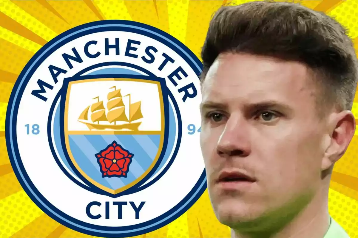 Un hombre con expresión seria aparece en primer plano junto al escudo del Manchester City sobre un fondo amarillo con rayos.