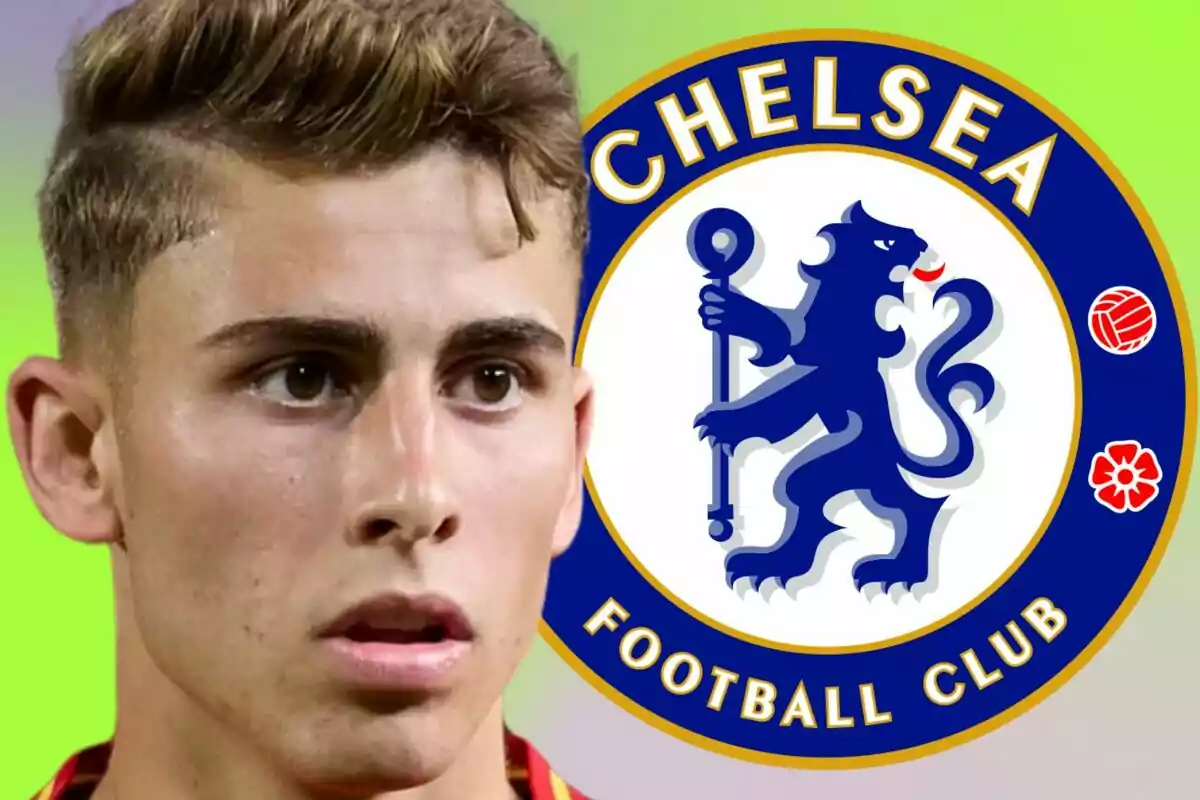 Young footballer with the Chelsea Football Club crest in the background