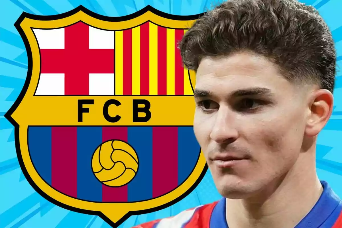 Un futbolista con el escudo del FC Barcelona de fondo
