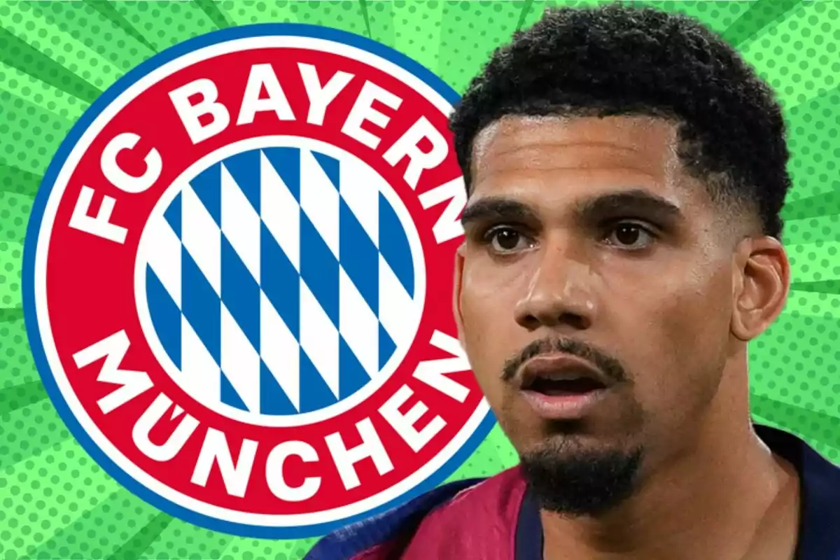 Un futbolista con expresión seria aparece en primer plano con el escudo del Bayern Múnich de fondo sobre un diseño verde llamativo.