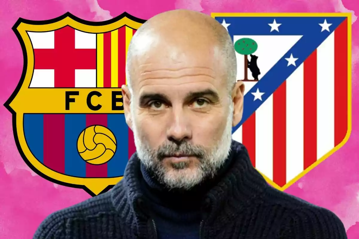 Un hombre calvo con barba aparece en primer plano con los escudos del FC Barcelona y Atlético de Madrid de fondo sobre un fondo rosa