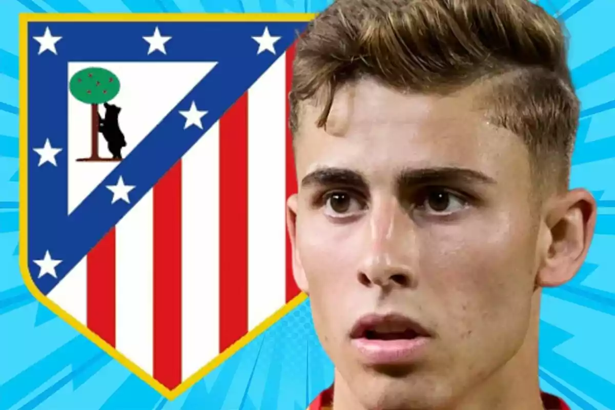 Young player with the Atlético de Madrid crest in the background on a blue design