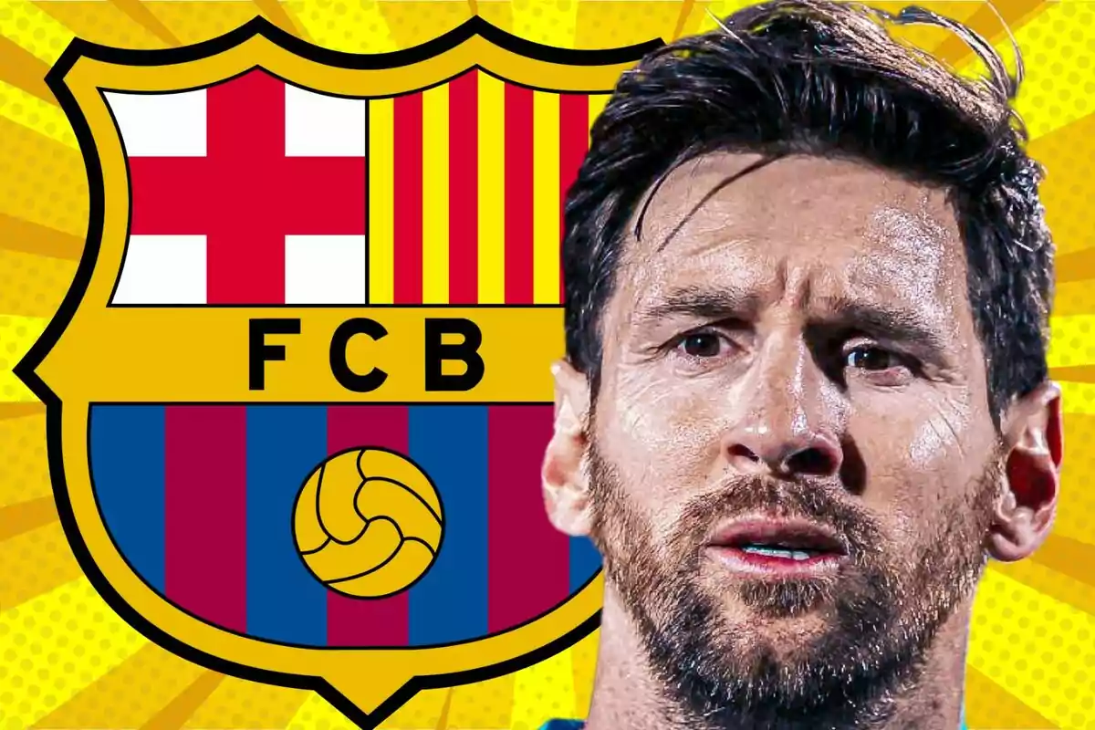 Un futbolista con expresión seria aparece frente al escudo del FC Barcelona sobre un fondo amarillo con rayos y puntos.