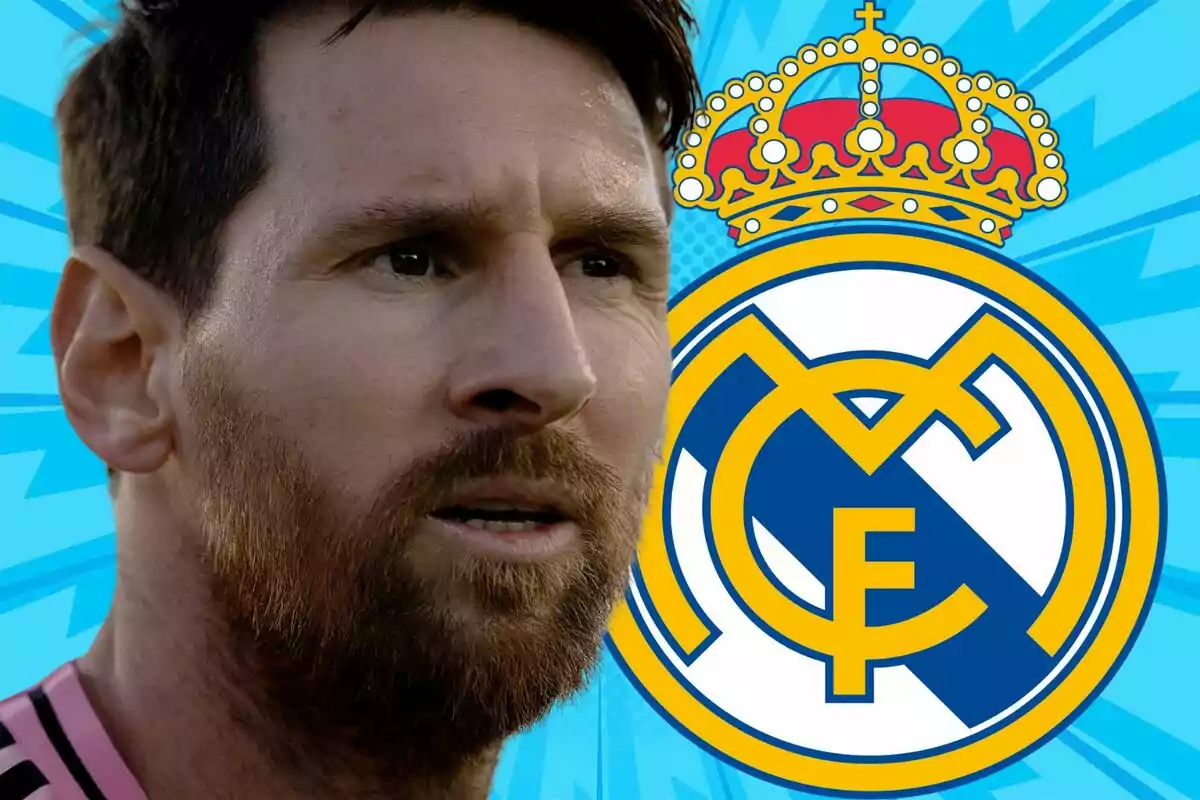 A bearded player in a pink jersey appears in the foreground next to the Real Madrid crest against a striking blue background.