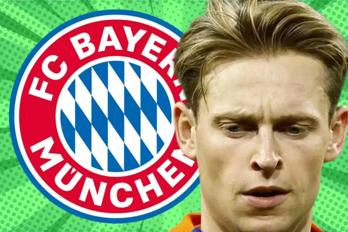 A blond player appears in the foreground with the Bayern Munich crest in the background on a green design.