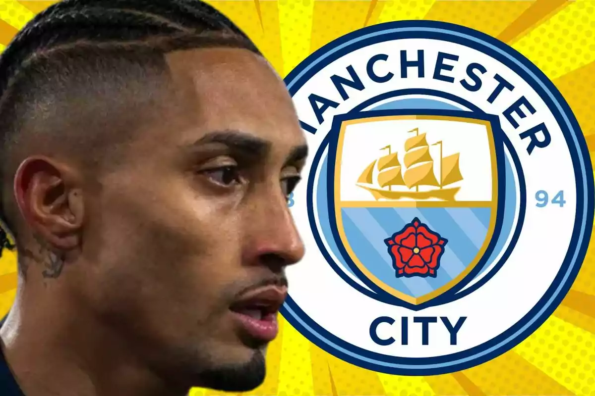 Un futbolista con expresión seria aparece junto al escudo del Manchester City sobre un fondo amarillo llamativo