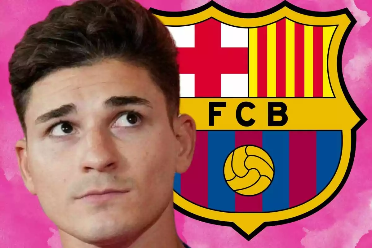 Un joven con expresión pensativa aparece frente al escudo del FC Barcelona sobre un fondo rosa