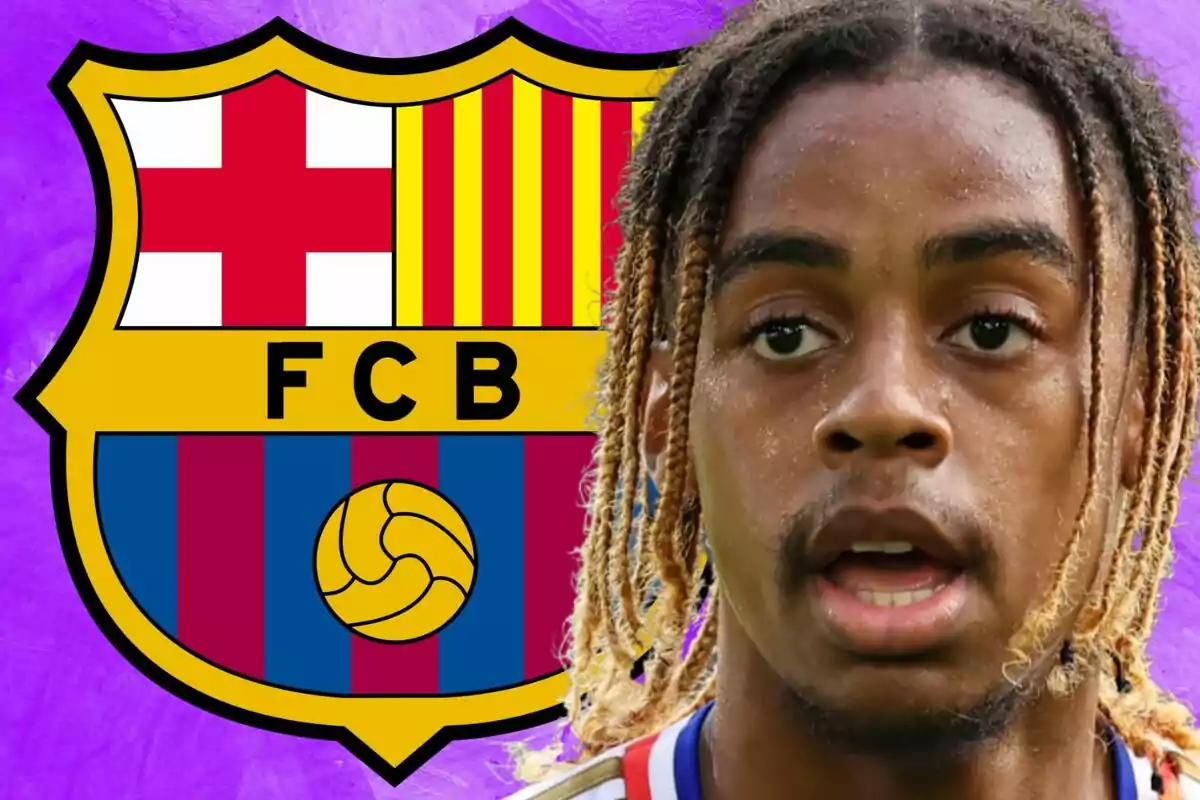 Un futbolista con trenzas rubias aparece en primer plano frente al escudo del FC Barcelona sobre un fondo morado.