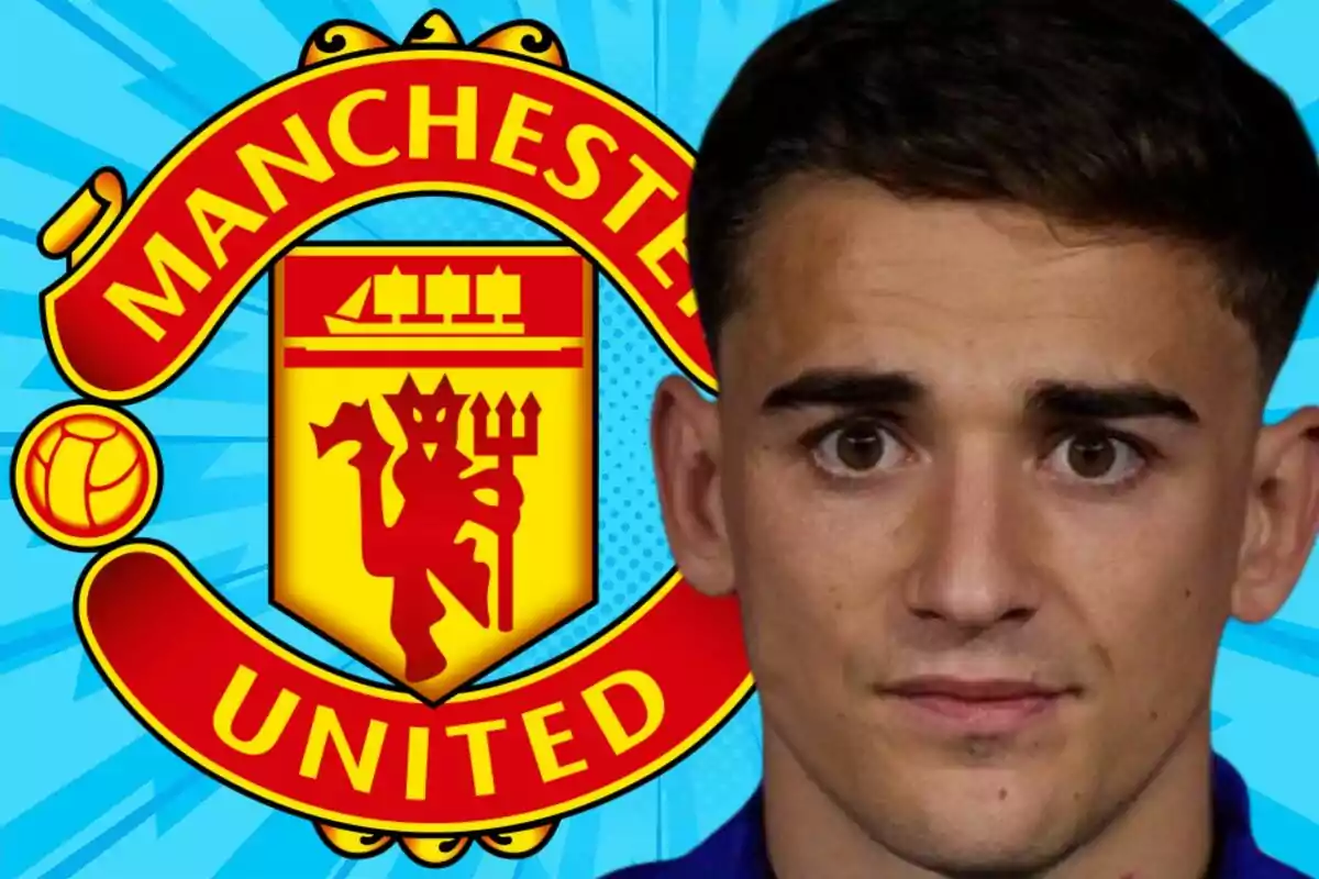 A young man with a serious expression appears in the foreground next to the Manchester United crest against a striking blue background.