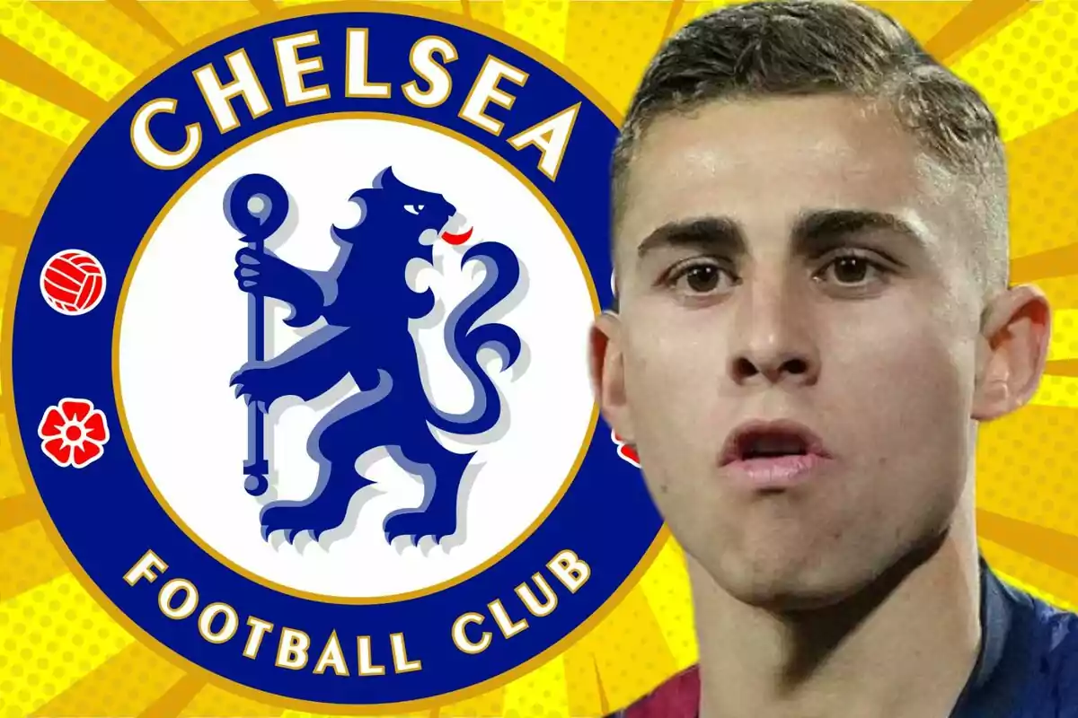 Un joven futbolista aparece en primer plano con el escudo del Chelsea Football Club de fondo sobre un diseño amarillo llamativo.
