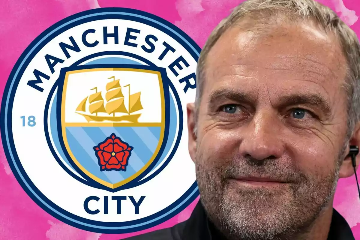 Short-haired, bearded man in front of the Manchester City crest against a pink background