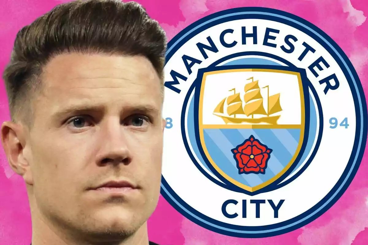 Un hombre de cabello corto y expresión seria aparece junto al escudo del Manchester City sobre un fondo rosa.