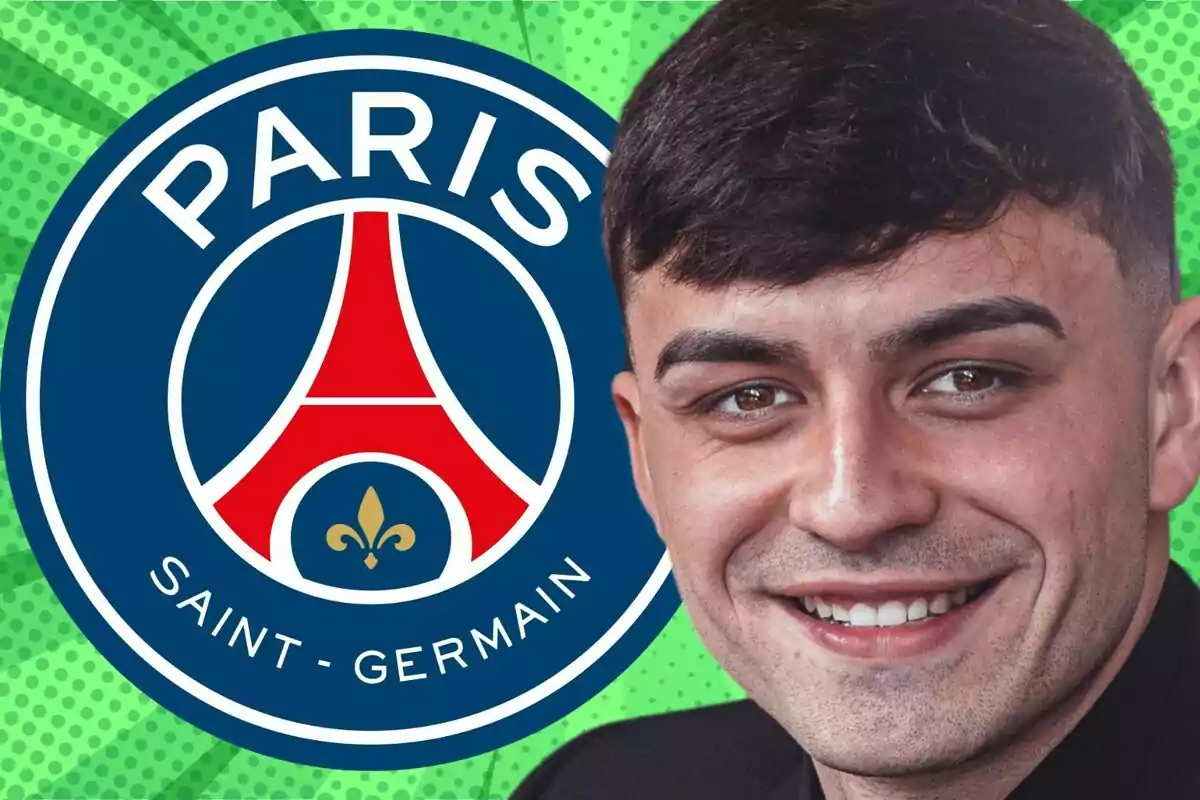 Un joven sonriente aparece junto al escudo del club de fútbol Paris Saint-Germain sobre un fondo verde con puntos.