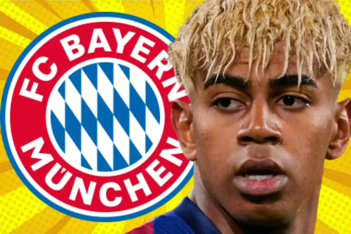 Jugador de fútbol con cabello rubio frente al escudo del Bayern Múnich sobre un fondo amarillo llamativo