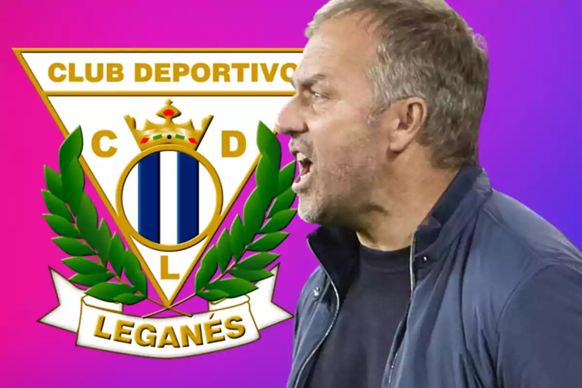 Hombre de perfil con chaqueta oscura frente al escudo del Club Deportivo Leganés sobre un fondo degradado en tonos morados.