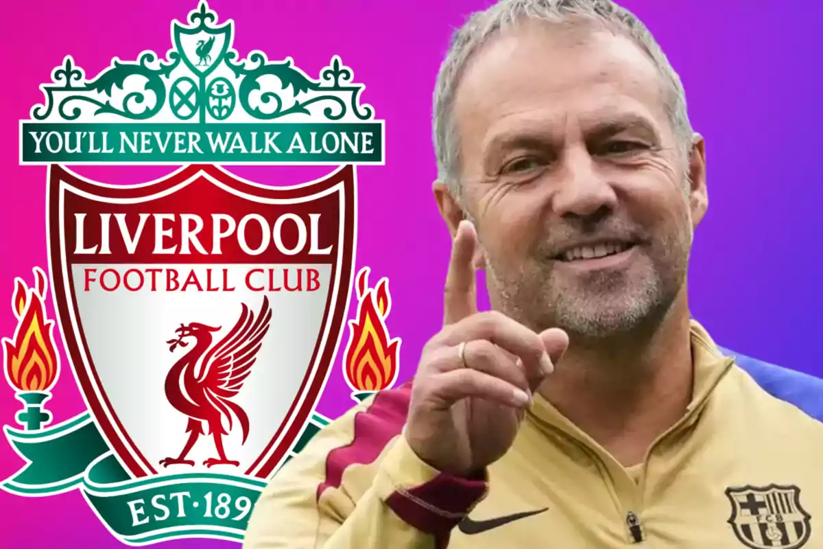 Un hombre sonriente con un gesto de señalar junto al escudo del Liverpool FC sobre un fondo degradado de rosa a morado.