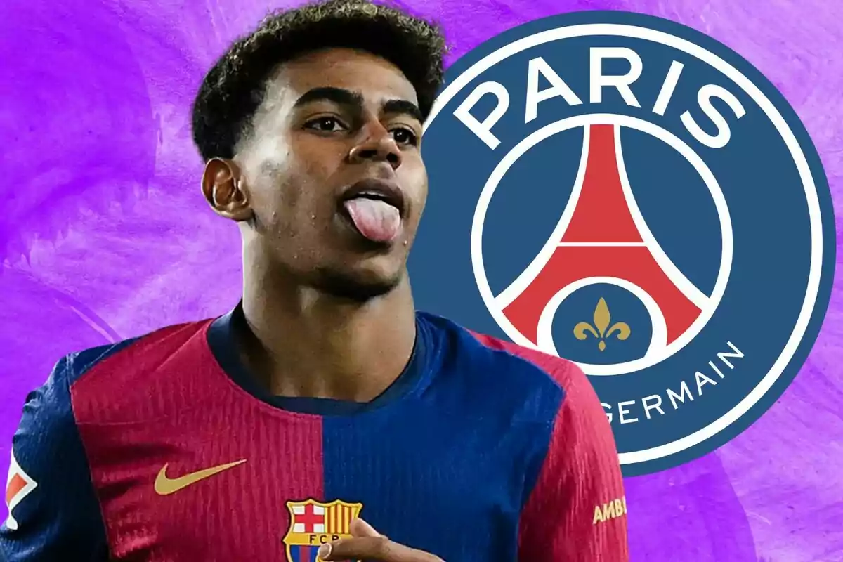 Un jugador de fútbol con la camiseta del Barcelona saca la lengua frente al logo del PSG sobre un fondo morado.