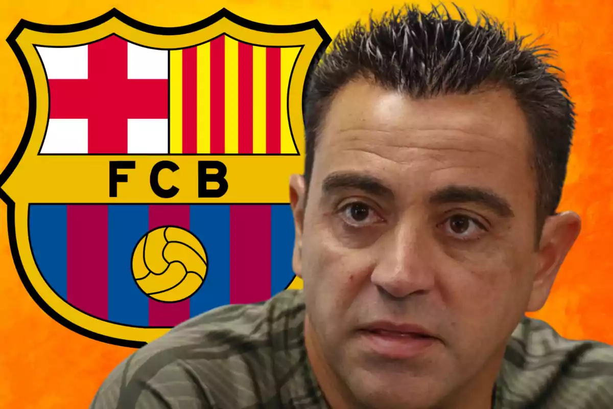 A man in front of the FC Barcelona crest with an orange background.