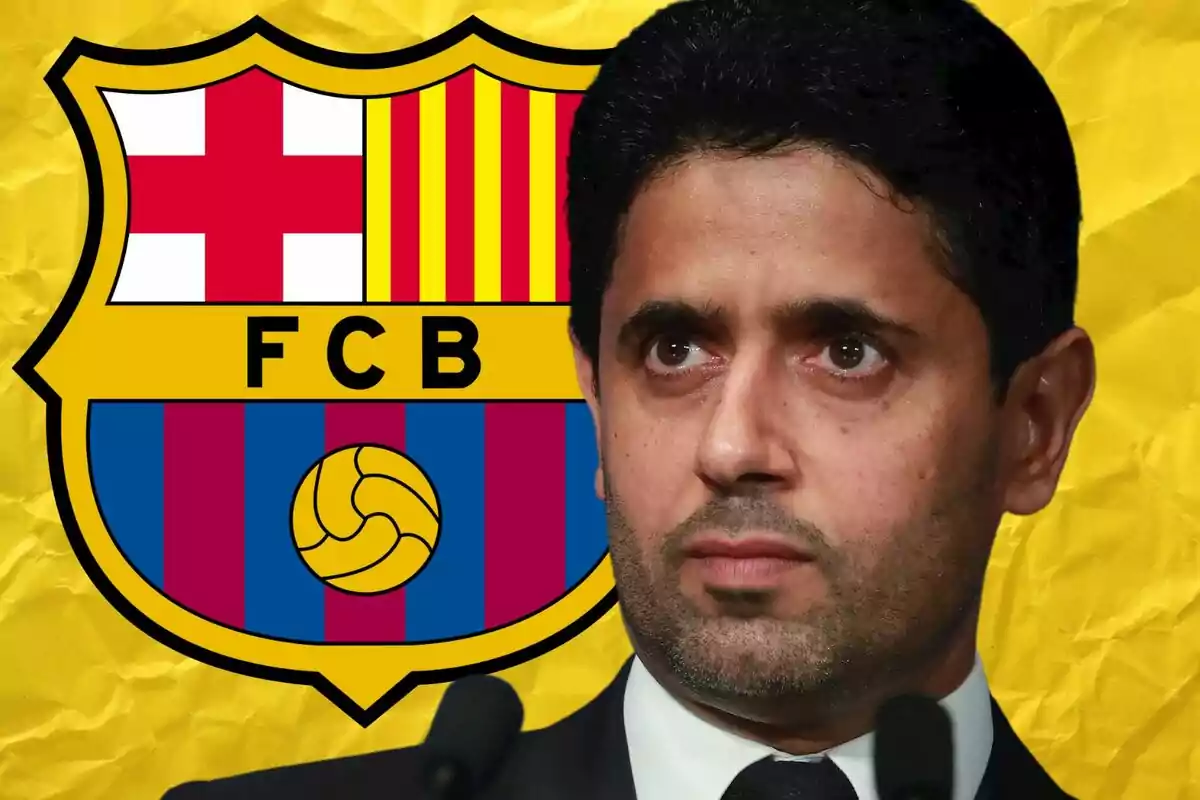 A man with a serious expression in front of the FC Barcelona crest on a yellow background.