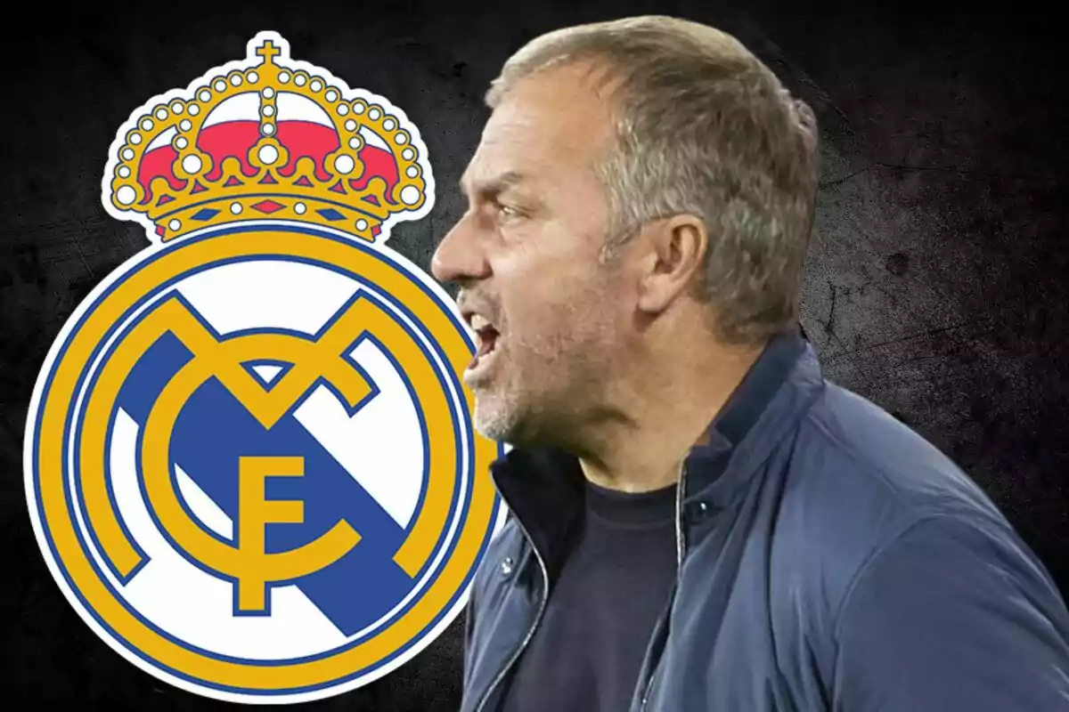 Un hombre de perfil con expresión intensa frente al escudo del Real Madrid.