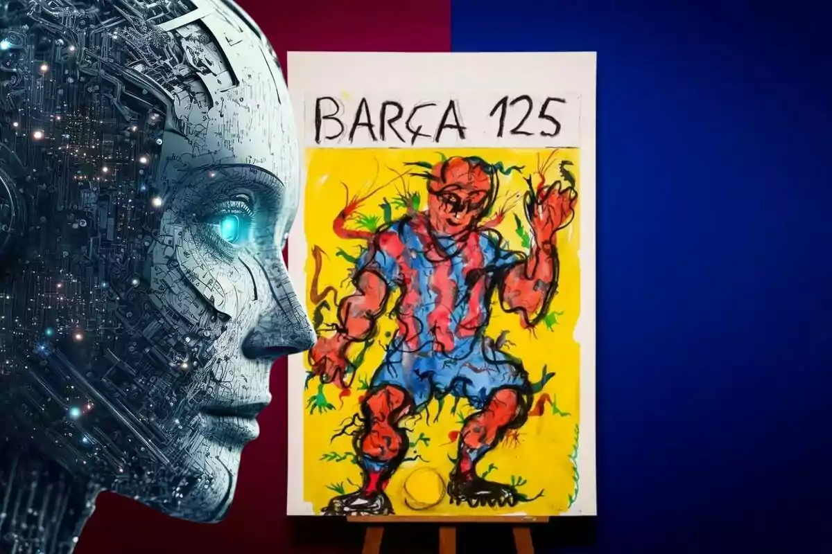 Un rostro robótico observa un cuadro colorido que representa a un futbolista con el texto "BARÇA 125".