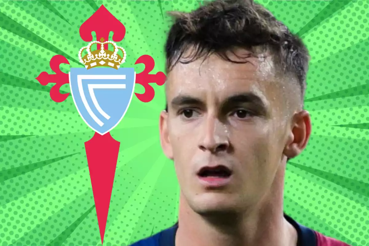 Un jugador de fútbol con una expresión seria aparece frente a un fondo verde con un diseño de rayos y el escudo de un club deportivo.