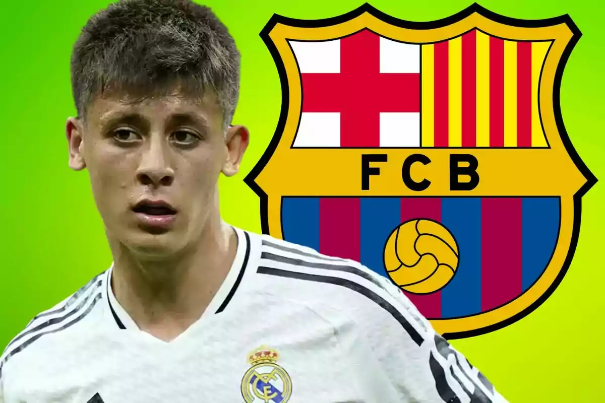 A soccer player wearing a Real Madrid jersey in front of the FC Barcelona crest on a green background.