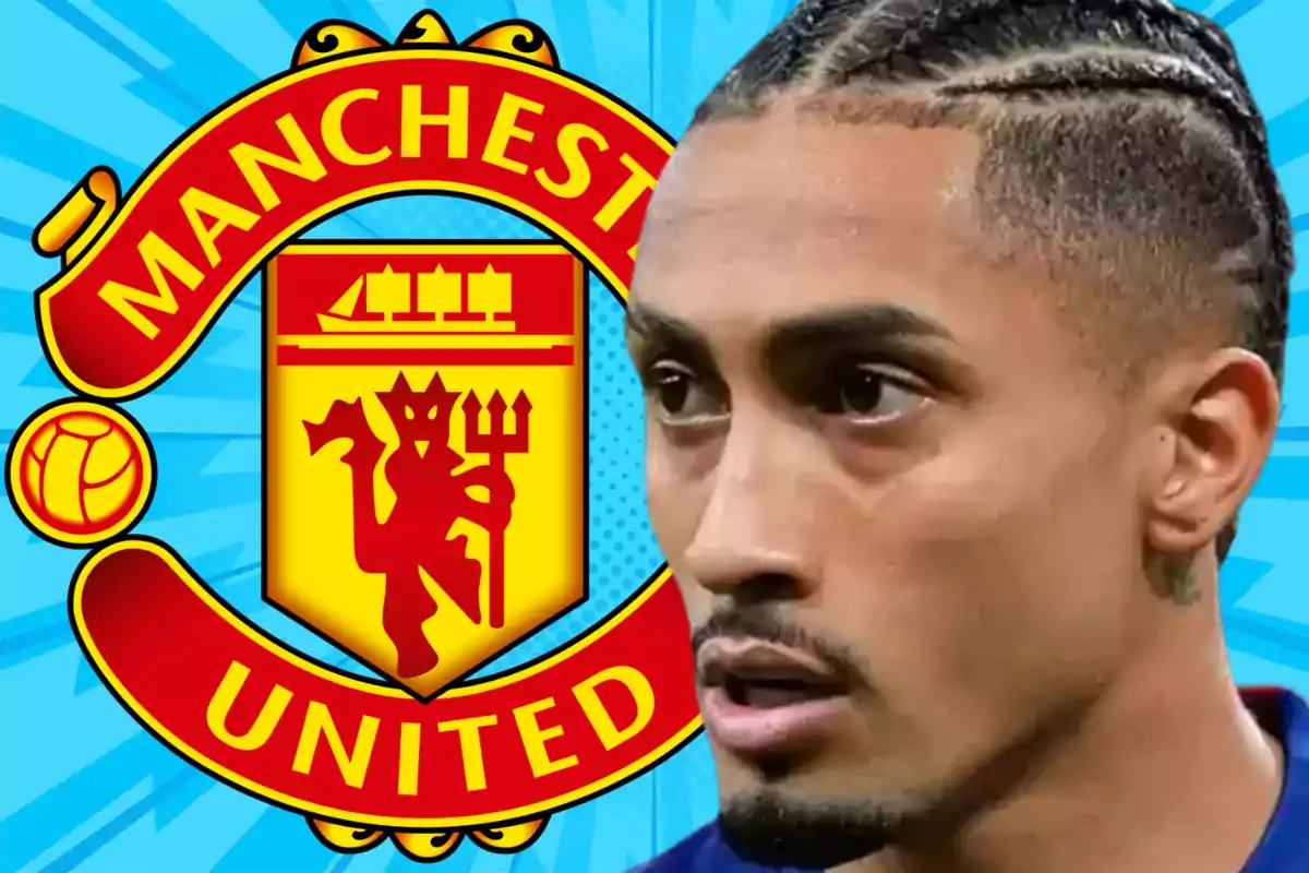 A man with braids next to the Manchester United crest on a blue background.