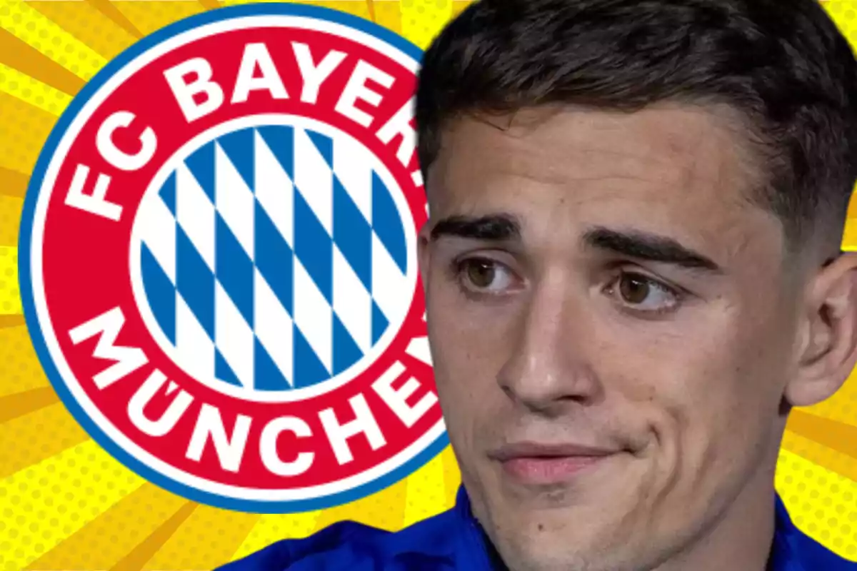 Un hombre con expresión pensativa frente al logo del FC Bayern München sobre un fondo amarillo con rayos.