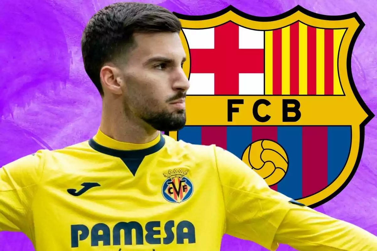 Un jugador de fútbol con uniforme amarillo del Villarreal CF aparece frente al escudo del FC Barcelona sobre un fondo morado.